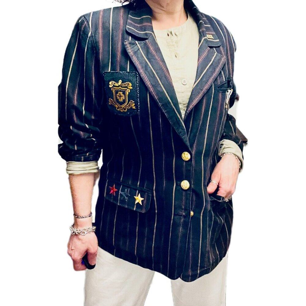 Women Vintage 1 of 1 Military Blazer Reworked Mavy w- Burgundy & gold pinstripe